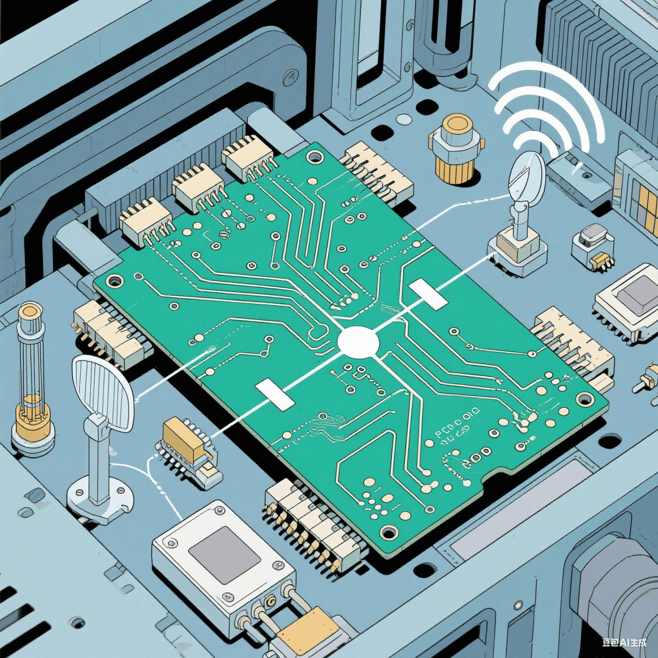 高頻通信設備中 PCB 陶瓷電路板的工作示意圖，顯示電路板上的高頻信號傳輸路徑，周圍有微波器件、天線等元件