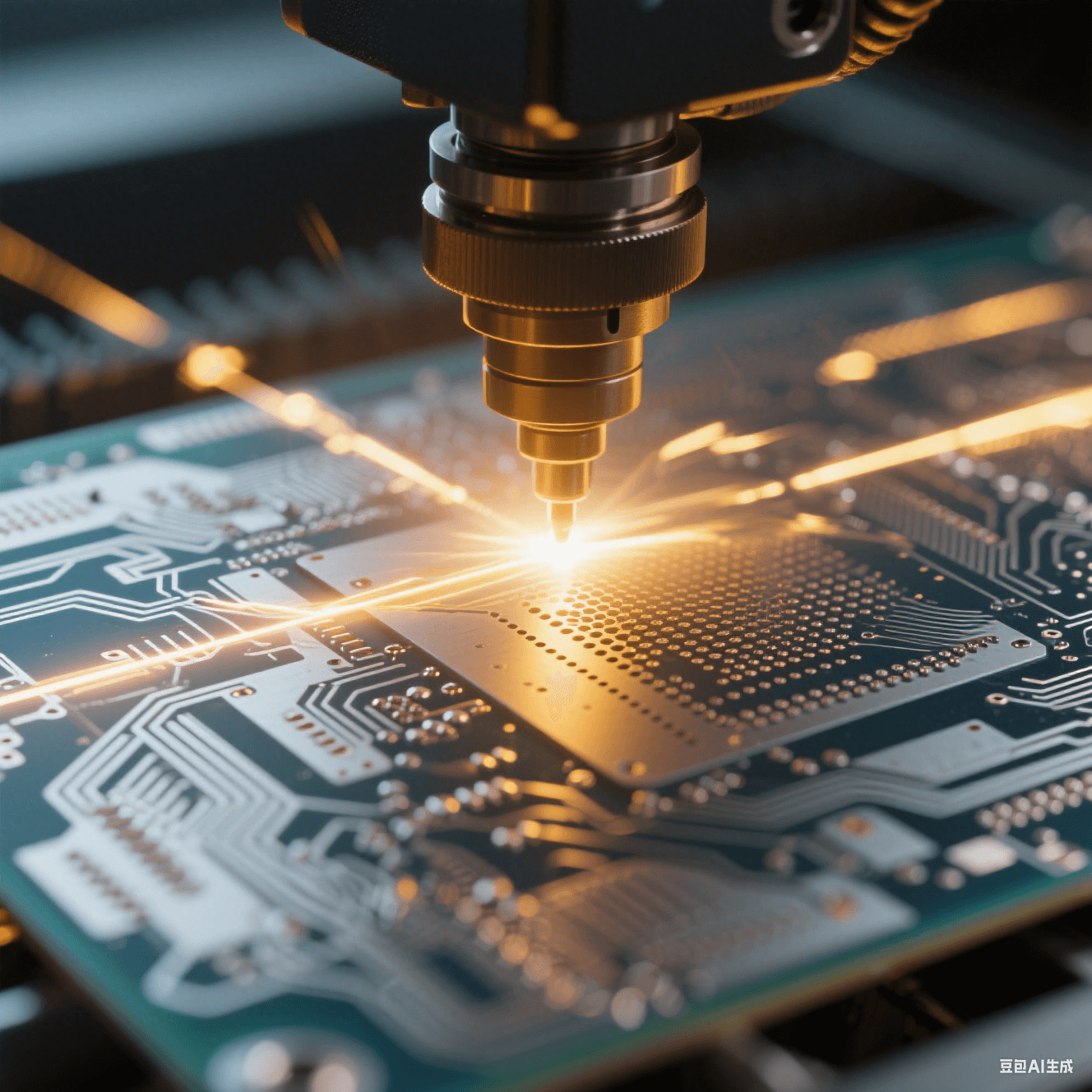 特種印制電路板的激光微孔加工過程，UV 激光束聚焦于板材，形成精細(xì)微孔