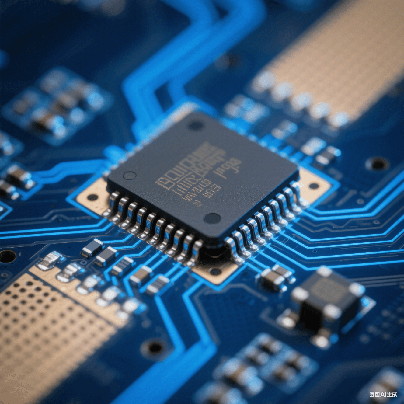 Flip Chip 倒裝芯片與封裝基板互連細節，顯示微米級焊點與信號傳輸路徑，背景為藍色電路板基底