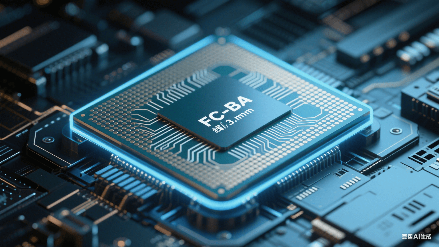 類載板（SLP）高密度互連示意圖，展示 3μm 線寬布線與 FC-BGA 封裝結構，支持 HBM 芯片堆疊集成