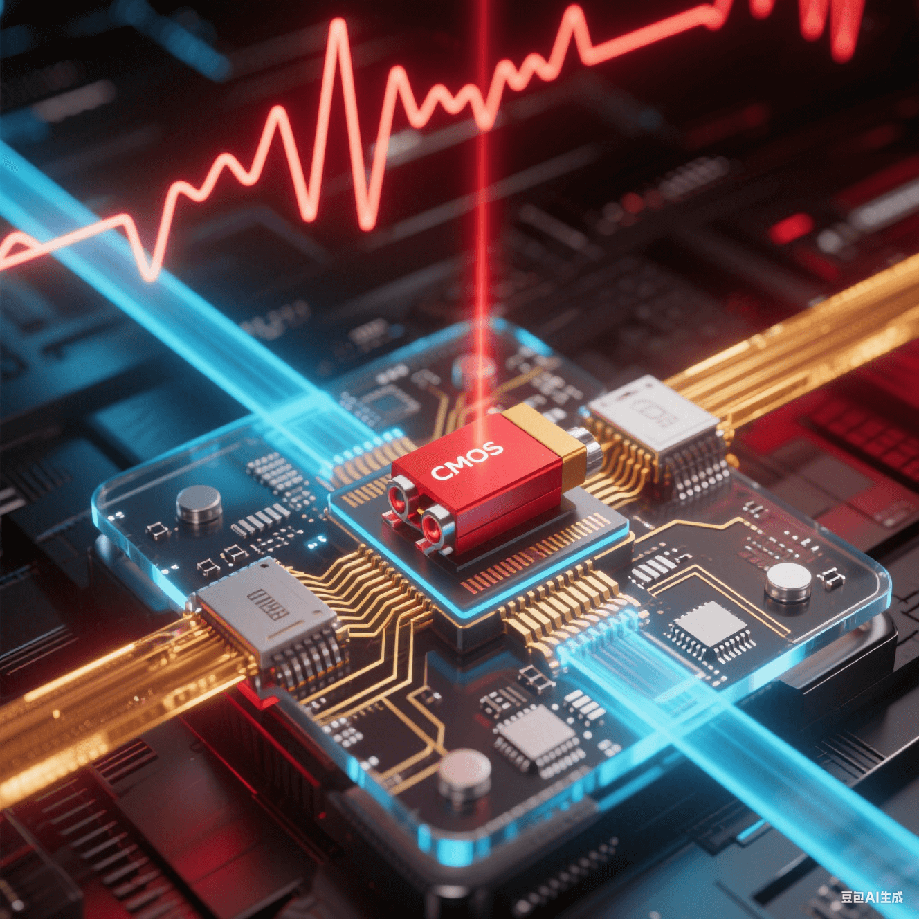 透明基板內(nèi)部：激光器（紅光）與 CMOS 電路（金線）通過硅光波導(dǎo)（藍光）互連