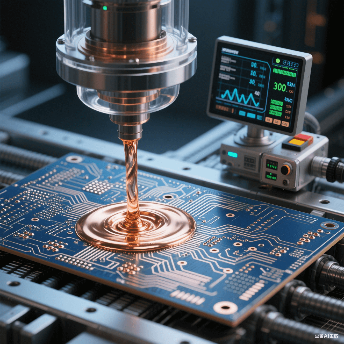量子計算高速電路板使用真空填銅工藝，銅液在真空中填充微孔，旁邊監控設備顯示參數