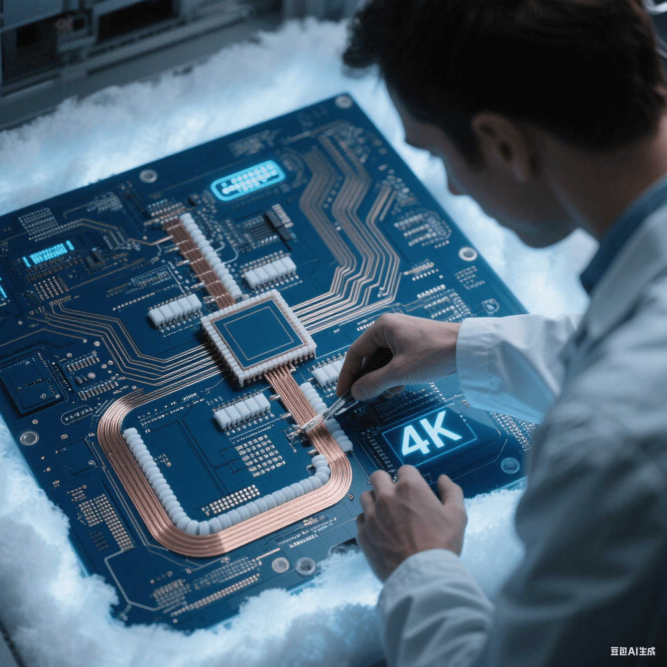 量子計算高速電路板在 4K 低溫環境下，采用聚酰亞胺基覆銅板和陶瓷填充 PTFE 材料進行超導傳輸線設計