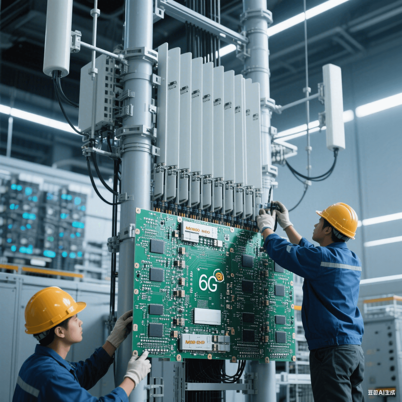 6G 基站中，超大規模 MIMO 天線與高速電路板集成，工人進行安裝調試
