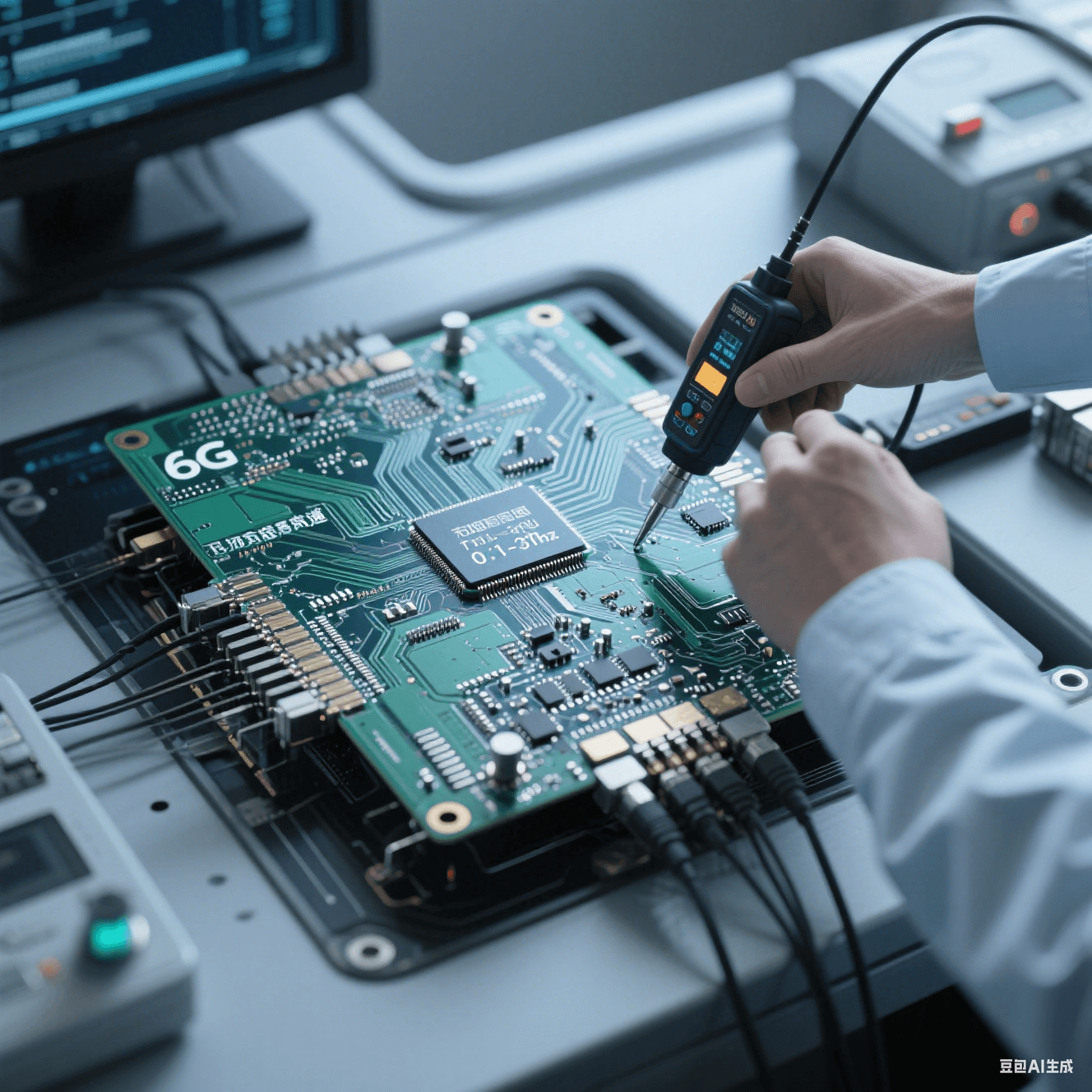 6G 通信高速電路板在太赫茲頻段（0.1 - 3THz）測試環境，工程師用儀器檢測阻抗控制和串擾抑制情況