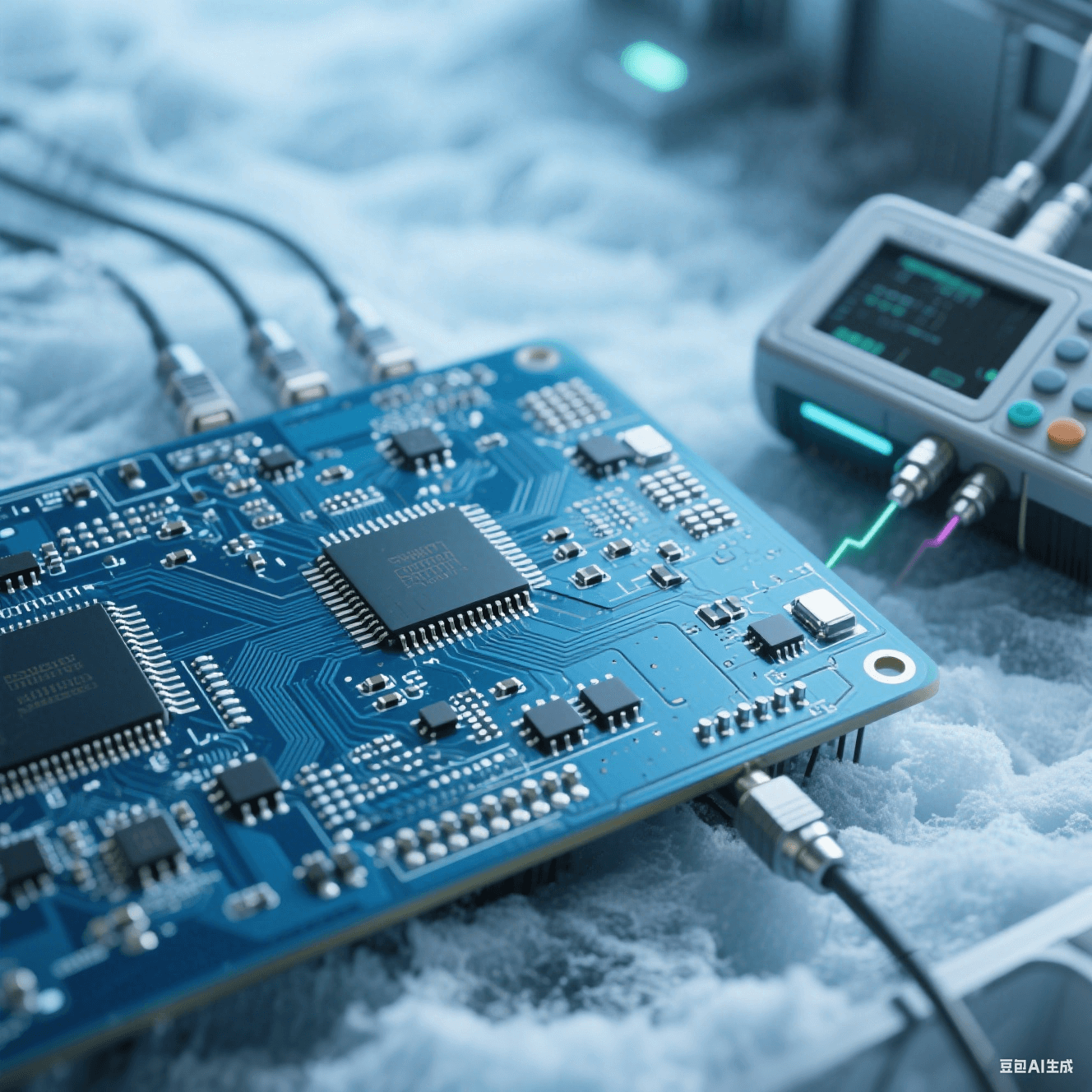 量子計算高速電路板在低溫測試環境，銦基焊料使焊點保持良好連接，旁邊儀器檢測信號完整性