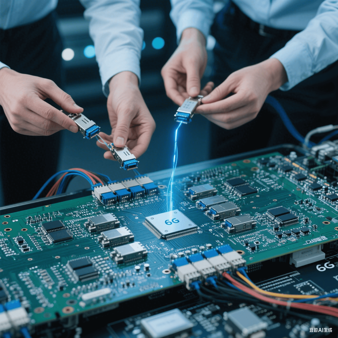 6G 通信高速電路板與硅光模塊互連，技術人員檢查連接情況和信號傳輸效果。