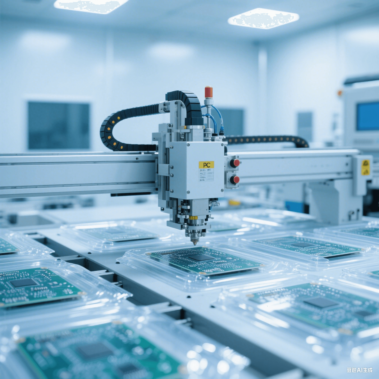 潔凈封裝車間內自動封裝設備對 PCB 板進行封裝，透明封裝材料在燈光下反光