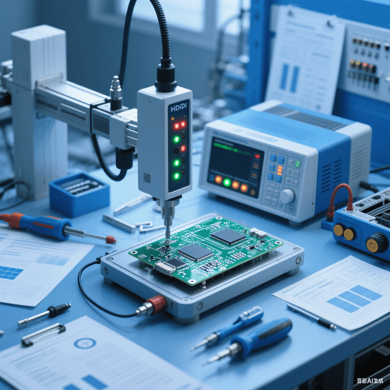 汽車電子測試車間內測試儀器對 HDI 板進行性能測試，儀器指示燈閃爍，周圍擺放測試工具與報告