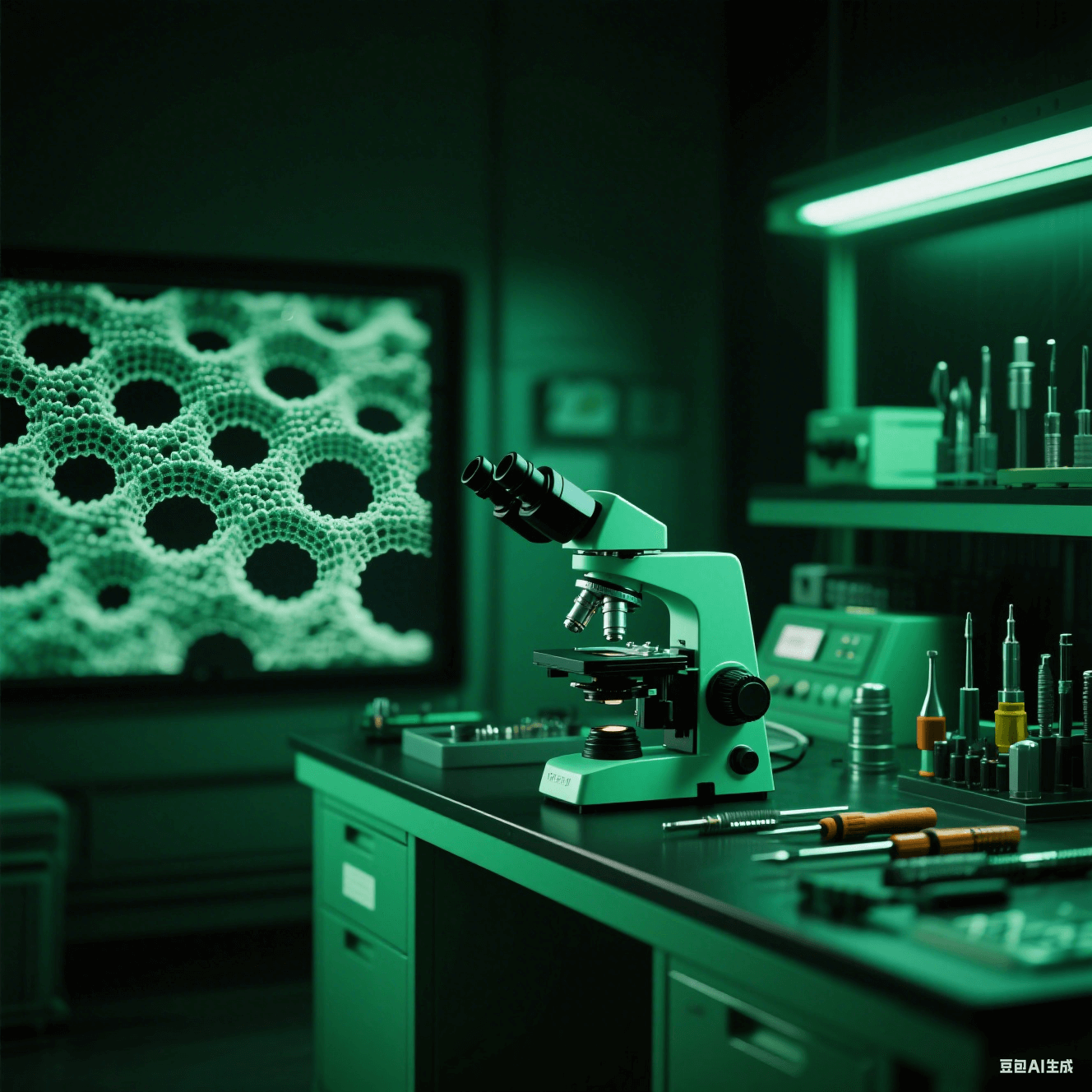 納米級加工技術實驗室中電子顯微鏡顯示納米微孔結構，操作臺擺放納米加工工具