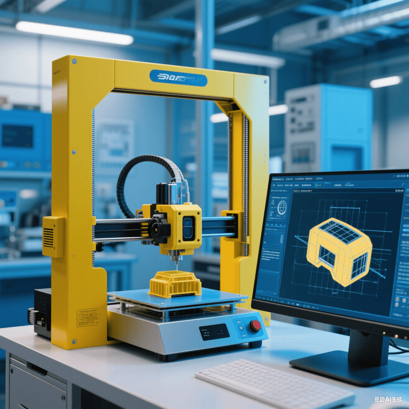 智能駕駛傳感器實驗室中 3D 打印機打印傳感器外殼模型，電腦屏幕顯示設計圖紙