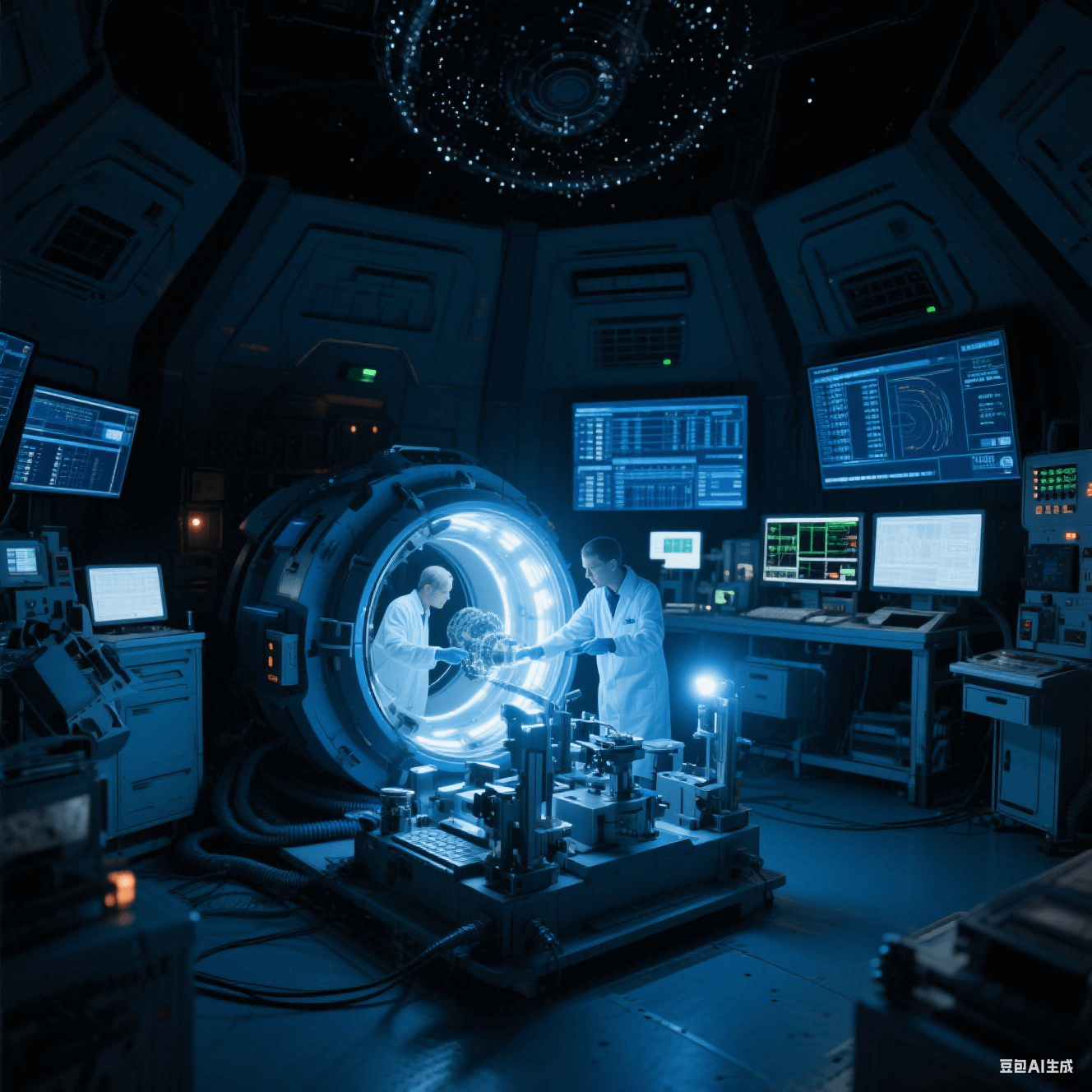 太空環境模擬實驗室中科研人員模擬微重力下的微孔加工，實驗艙燈光閃爍