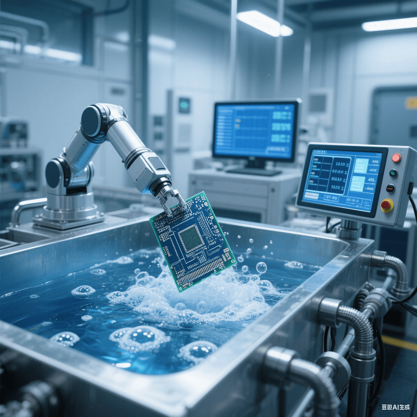 現代化電鍍車間中電鍍槽溶液冒泡，機械手臂將 PCB 板放入槽內電鍍，旁側監測儀器顯示數據