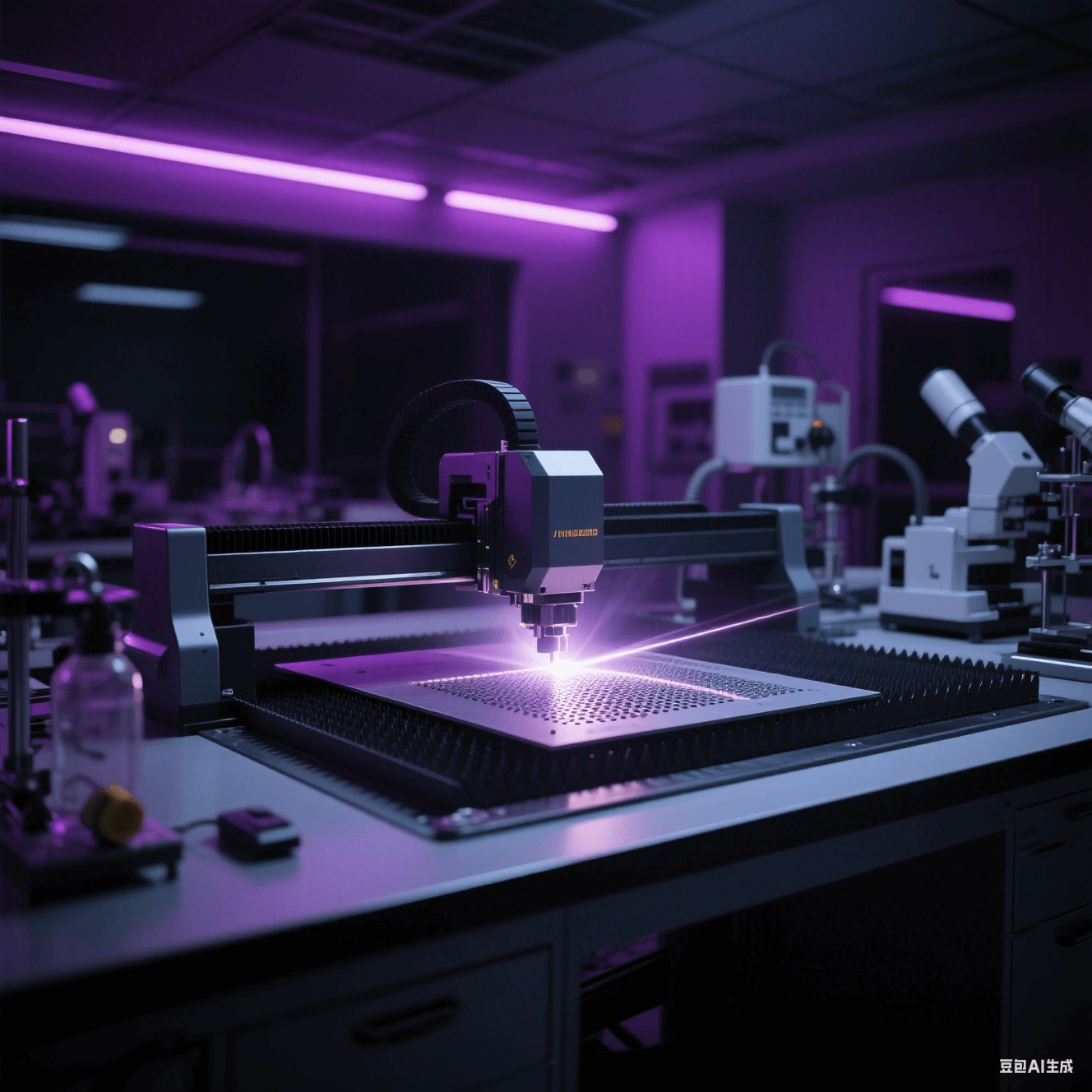 材料實驗室中激光切割設備對新型微孔加工材料進行切割，切割光線照亮實驗室