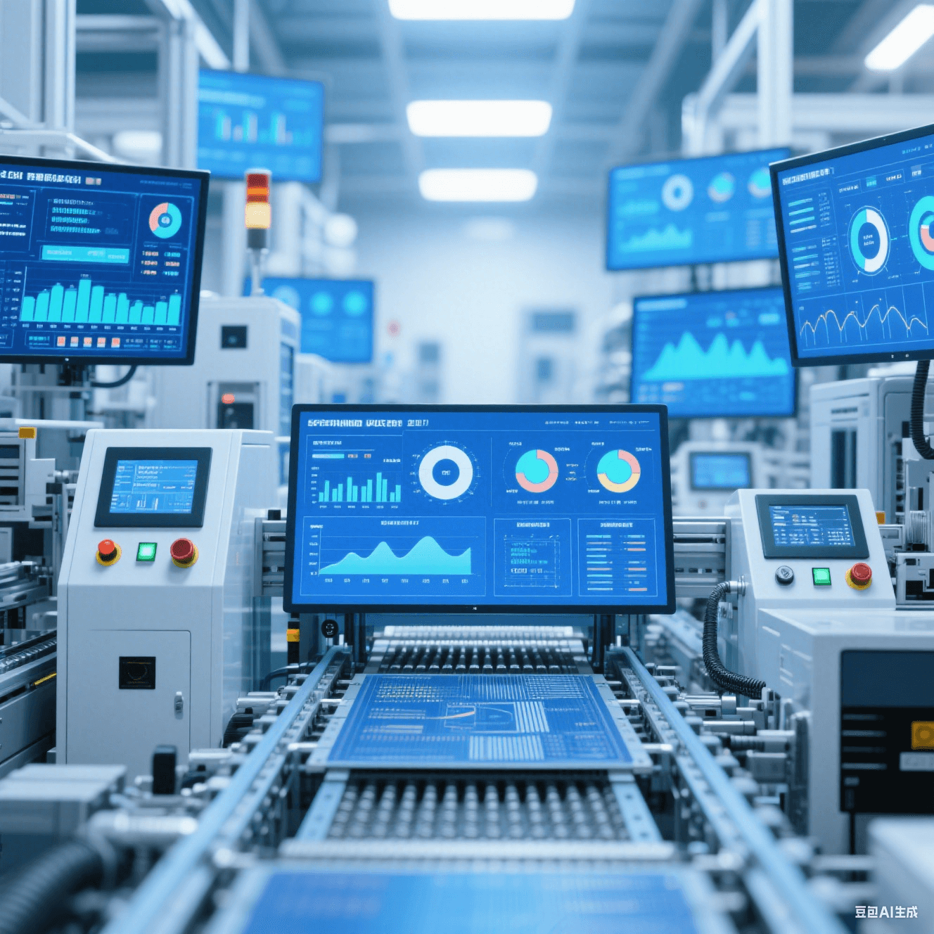 智能化 PCB 加工廠內自動化生產線根據大數據調整參數，設備顯示屏顯示生產數據圖表
