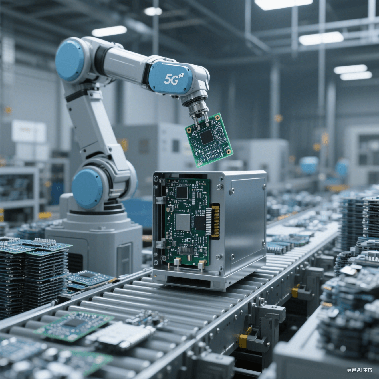 5G 基站組裝車間內機械臂將 PCB 板安裝至金屬外殼，傳送帶堆放待組裝零件