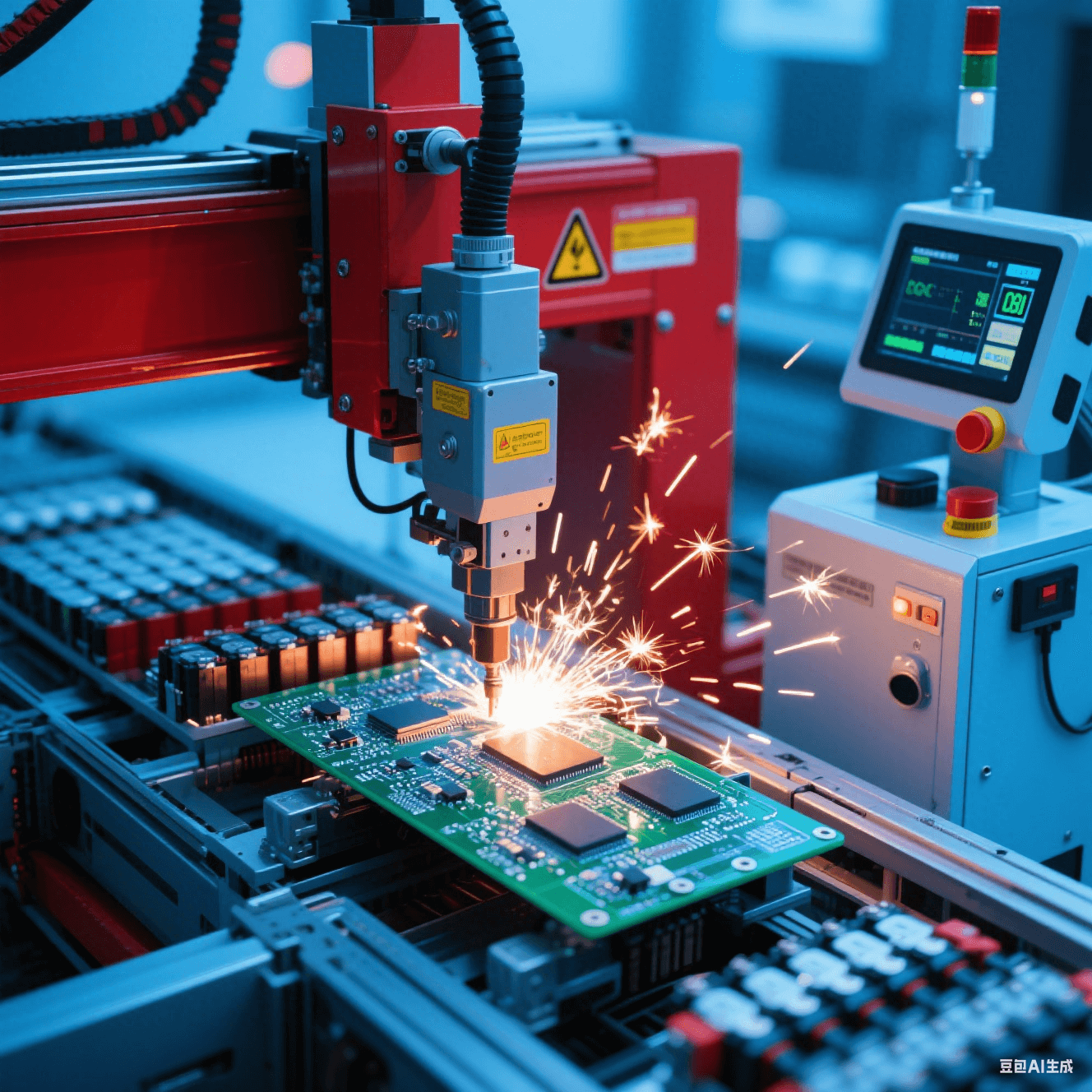 新能源汽車電池生產線中自動化設備焊接 BMS 板，焊接火花閃爍，旁側檢測設備監(jiān)控質量