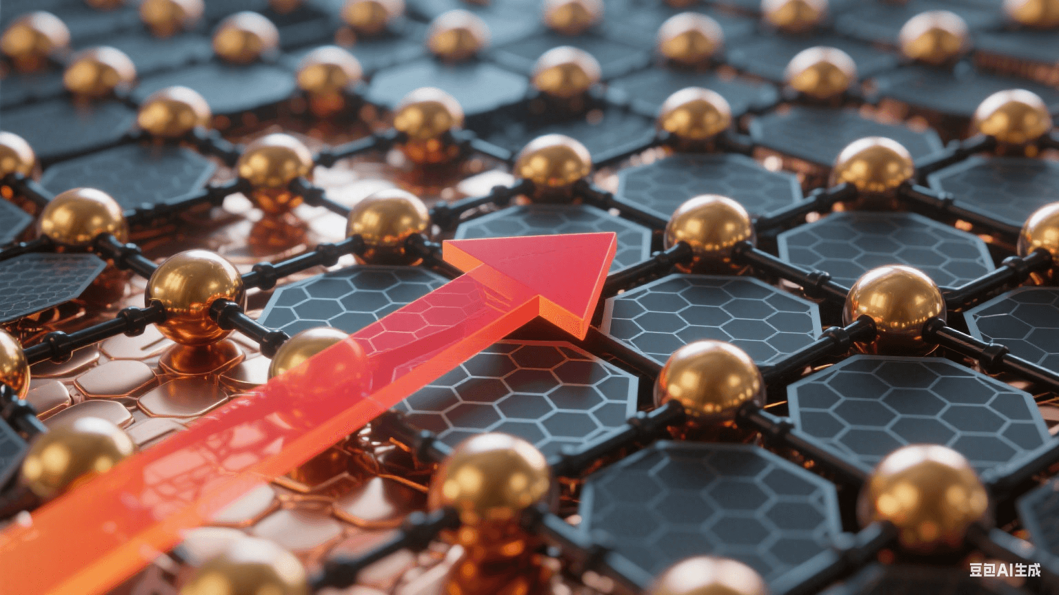 原子級科學建模風的石墨烯片層與銅原子復合結構模型示意圖