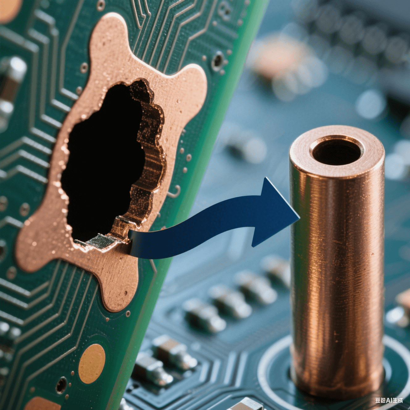深徑比 101 的 PCB 盲孔顯微特寫，左側孔口 “狗骨” 凸起與中部空洞缺陷，右側對比均勻銅填充柱體，深藍背景中鍍液循環箭頭呈現孔口堵塞與孔內暢通的動態反差。