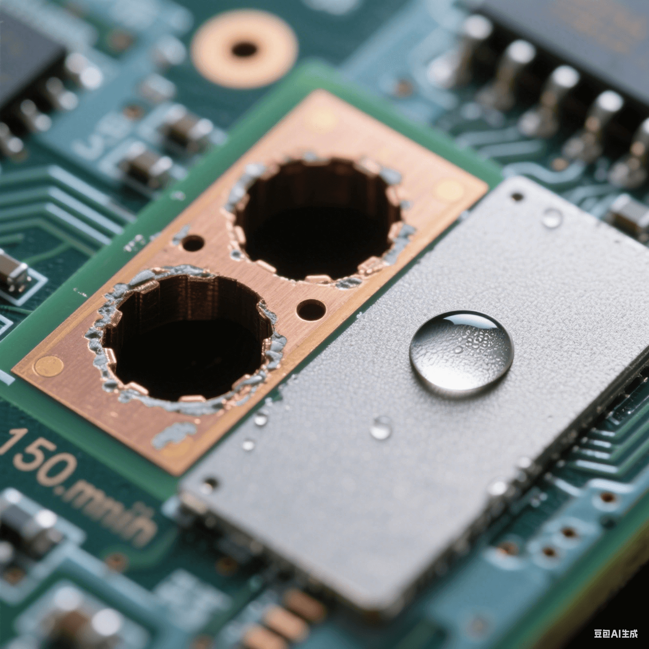 150μm 微孔橫截面顯微攝影：左側孔壁殘留環氧樹脂暗斑，右側清潔后呈現均勻磨砂微蝕表面，對比 85° 水滴與 30° 鋪展水膜的接觸角差異，電路板背景景深虛化