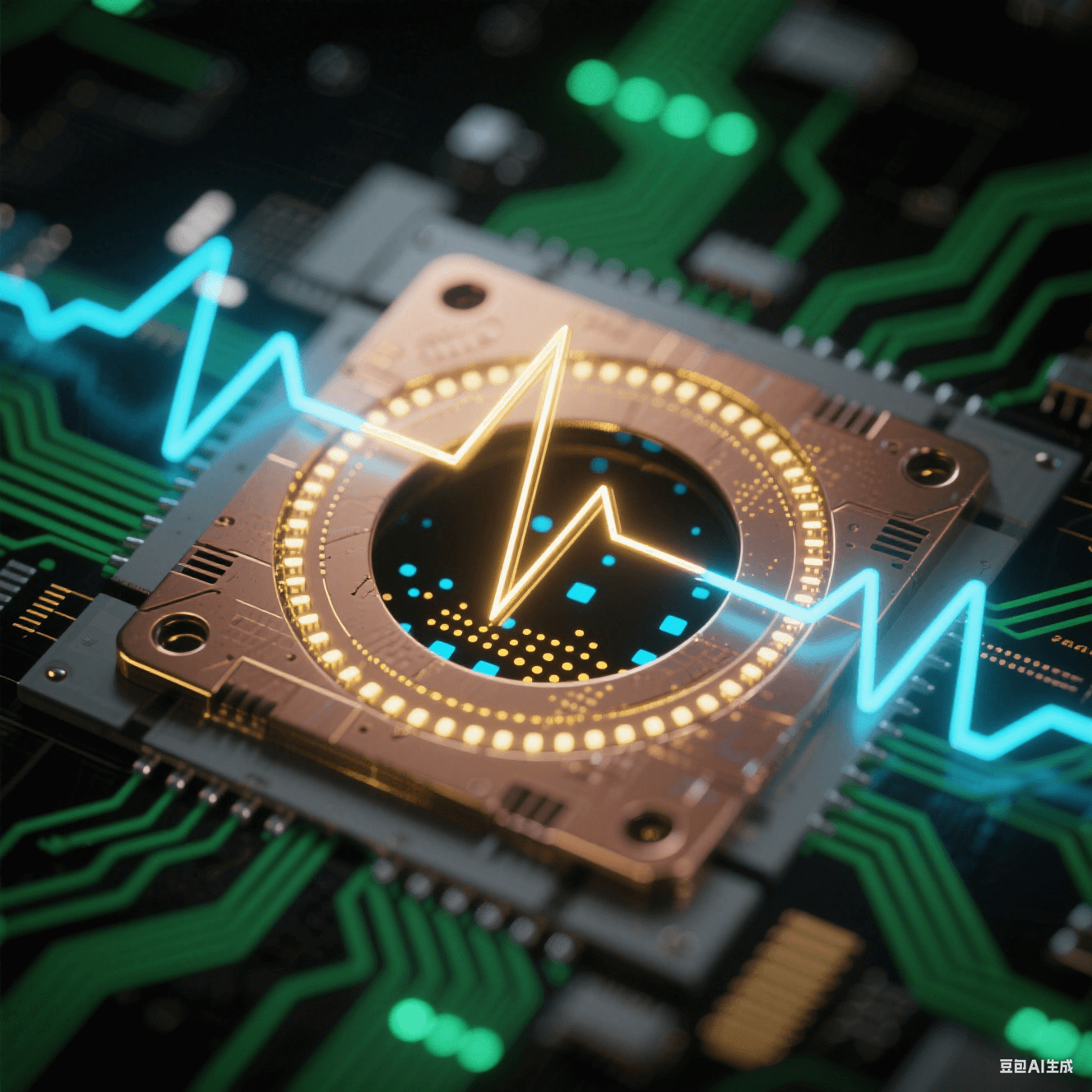 PCB 孔洞懸浮于深空黑背景，金色正向脈沖與藍色反向脈沖波形環繞，孔內離子濃度以孔口稀疏藍點、孔底密集金點的漸變粒子流表現