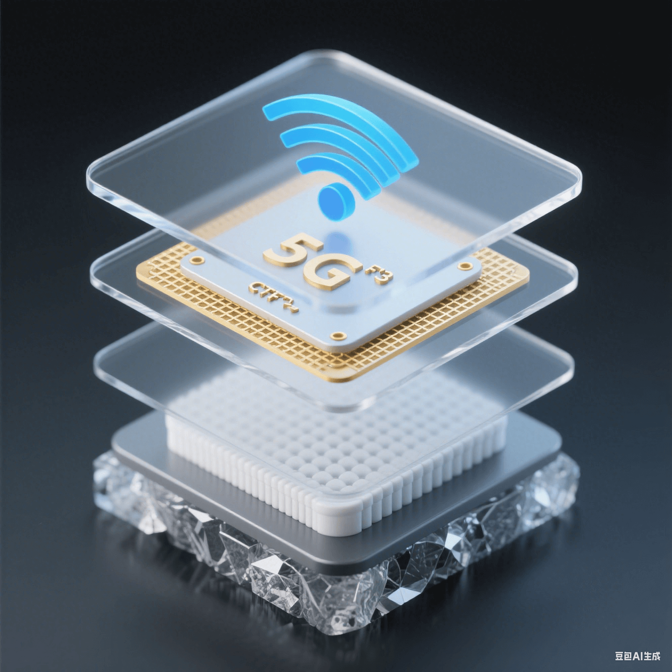 5G 天線模組分層結構：含氟聚酰亞胺基板 (Dk=2.8) 與陶瓷填充 PTFE 協同降低信號損耗 40%