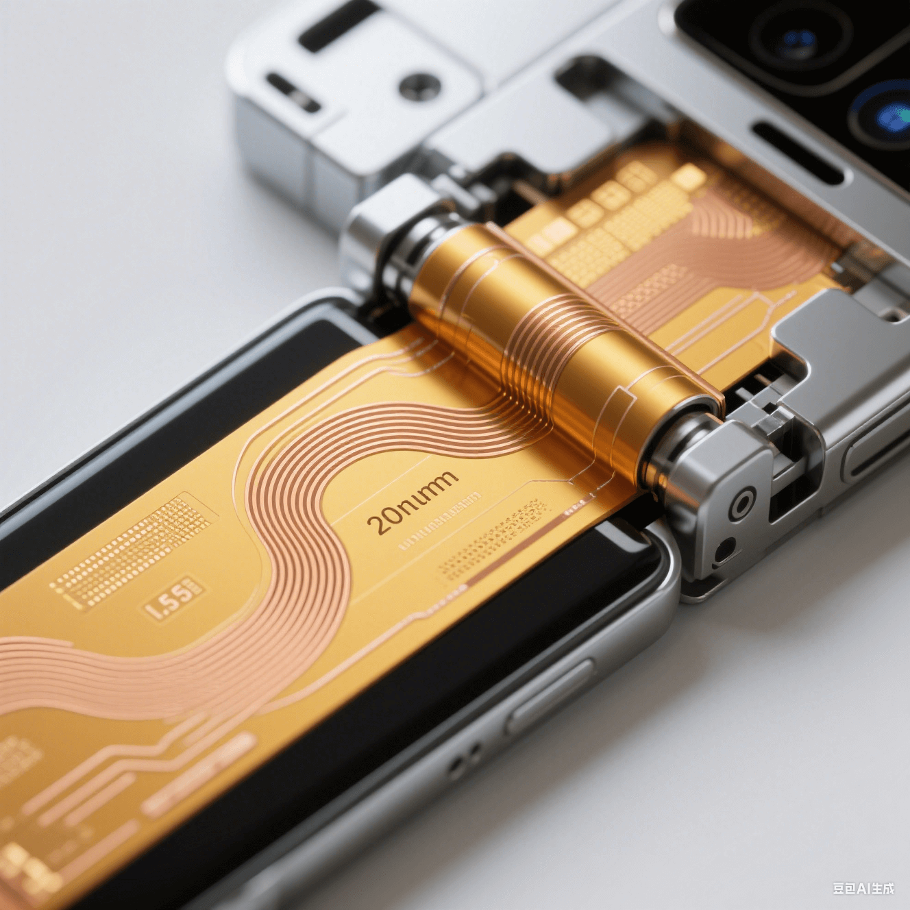 折疊屏手機鉸鏈內部結構特寫：25μm 聚酰亞胺柔性板實現 0.5mm 彎曲半徑與納米壓印應力釋放技術