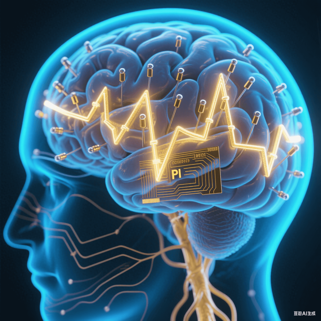 腦機接口植入示意：生物相容性聚酰亞胺電極在腦組織中穩定傳輸神經信號