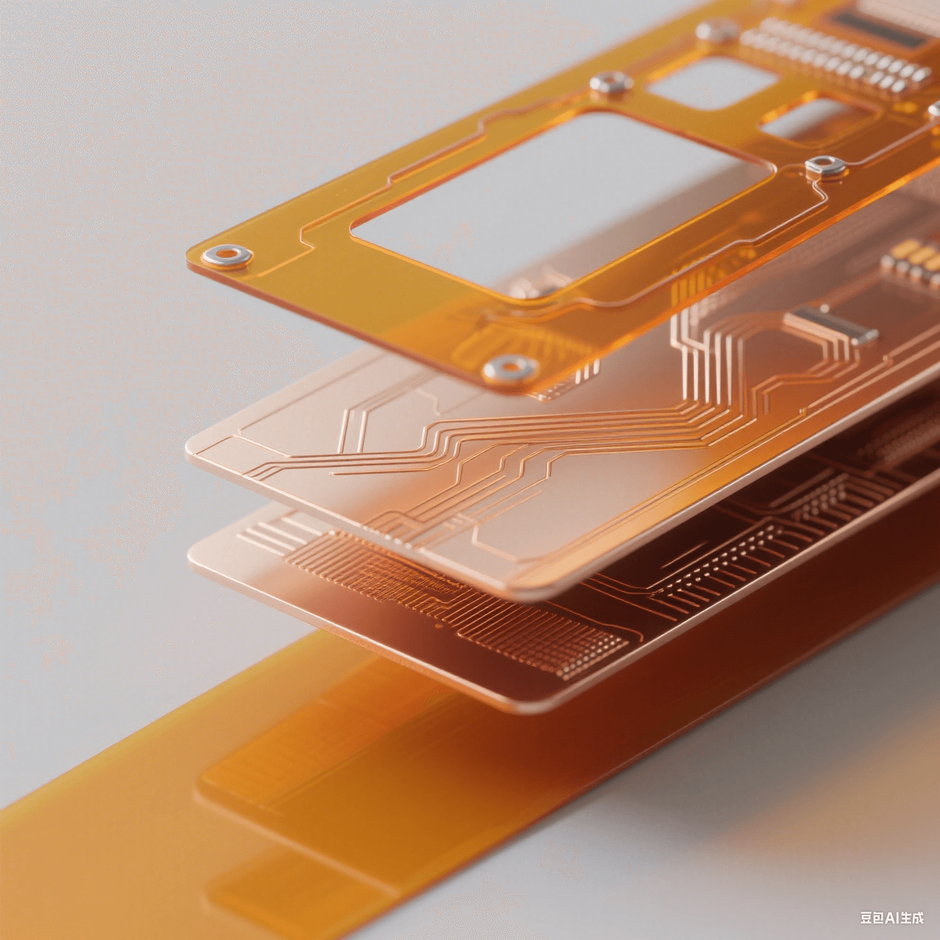 聚酰亞胺柔性板(PI FPC)核心結構分解圖：展示PI基材、銅線路層與PI覆蓋膜