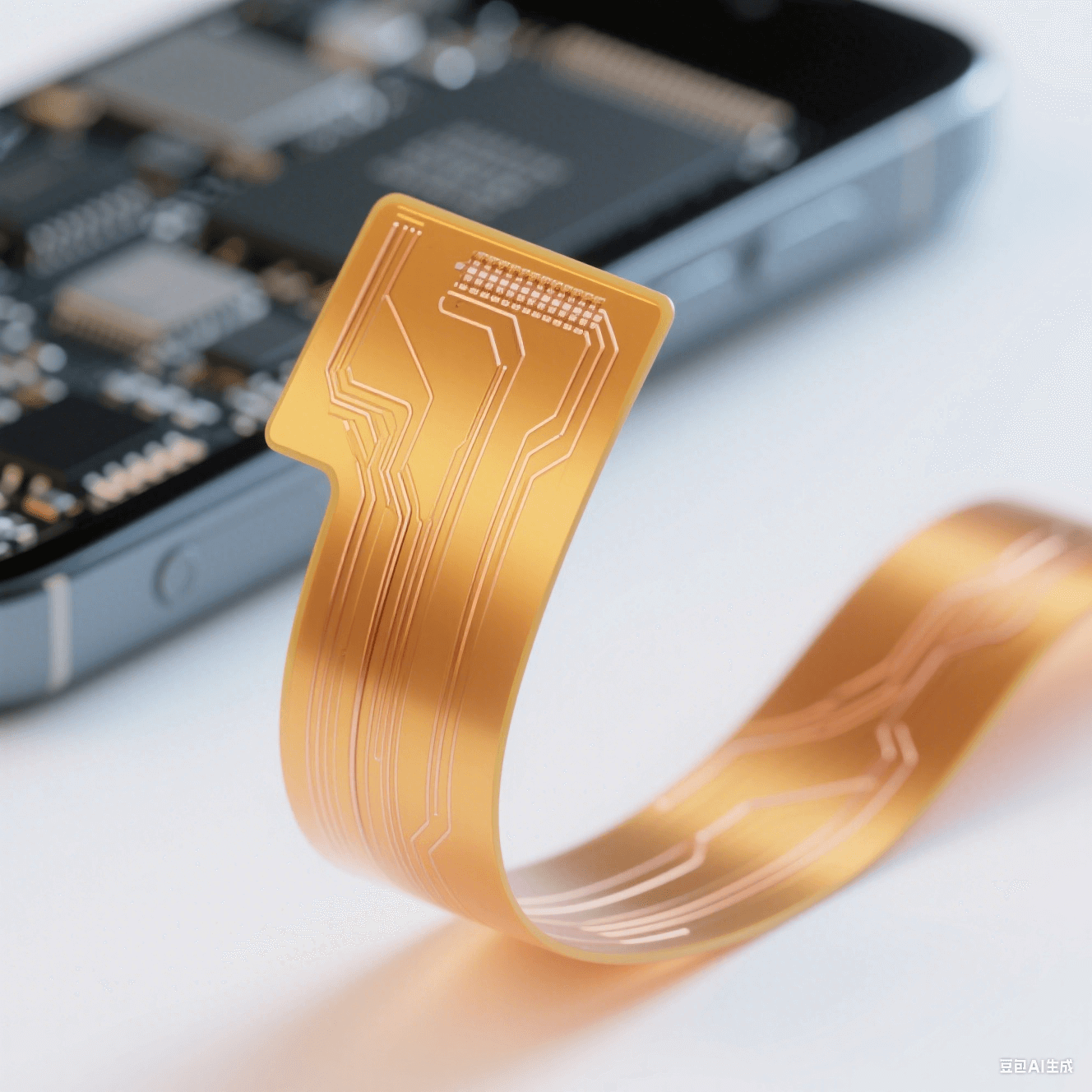 聚酰亞胺柔性板(PI FPC)特寫圖：展示輕薄彎曲形態與精細銅線路，背景暗示消費電子產品應用