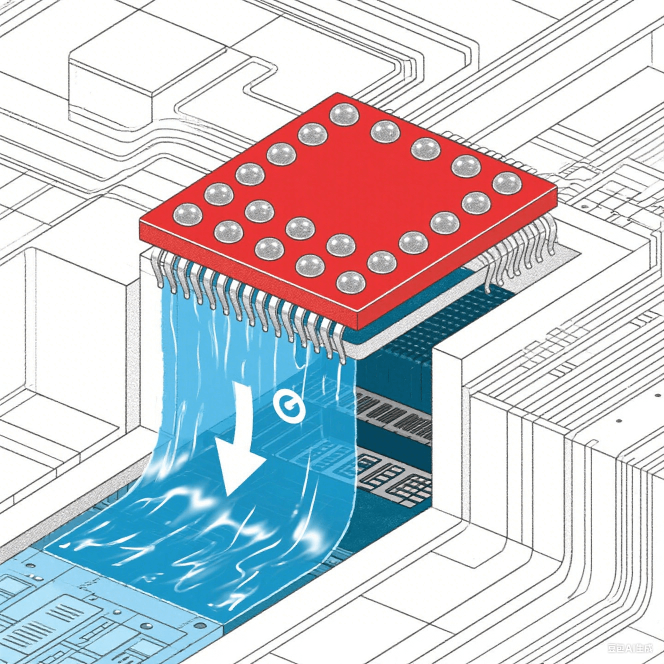 BGA封裝散熱原理：芯片核心紅色高溫區經焊球陣列傳導至藍色低溫基板，箭頭指示15℃溫降，液態金屬在基板層流動