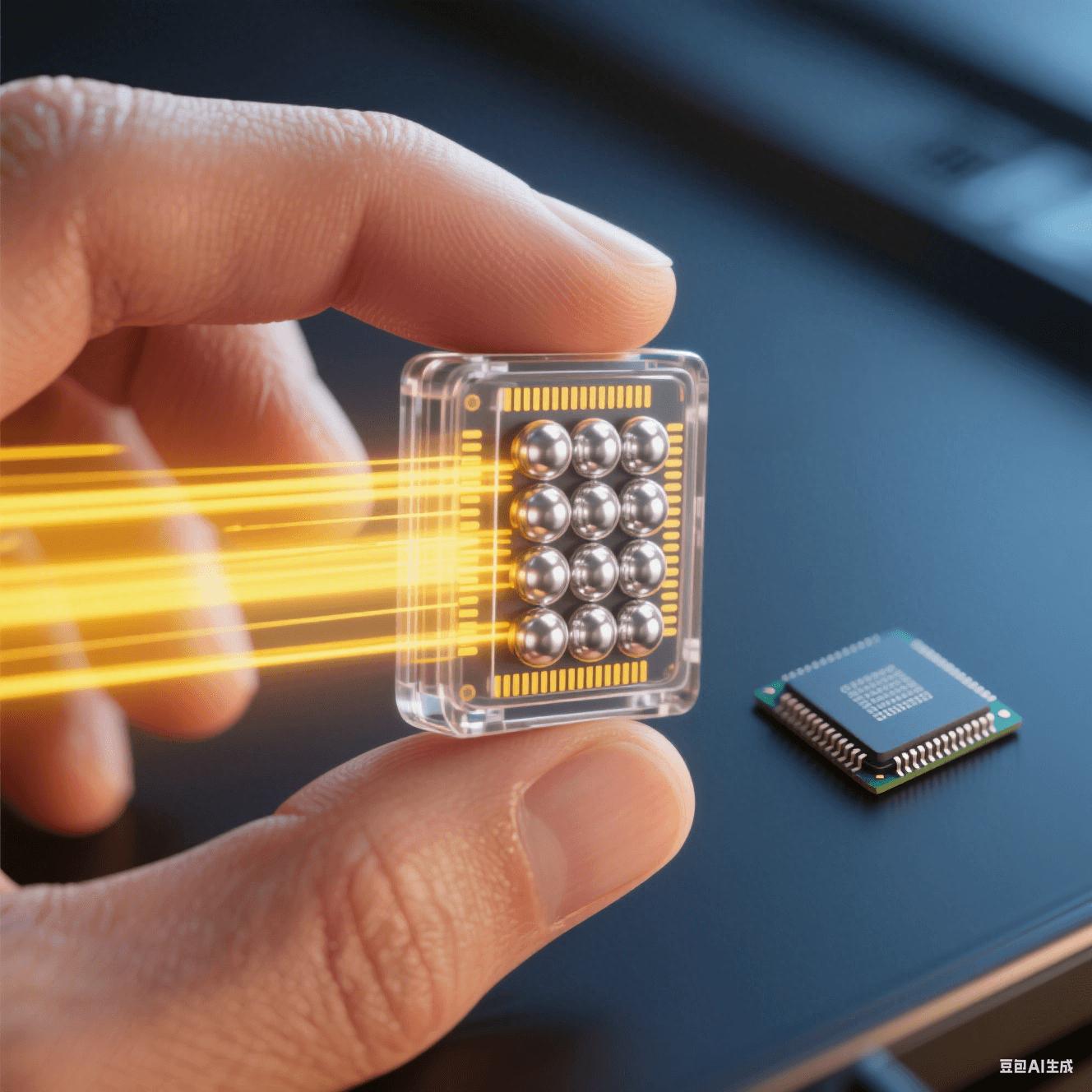 微型存儲芯片應用：人手捏持透明封裝的BGA芯片，顯露內部焊球陣列，黃色光束象征高速數據傳輸，與傳統芯片尺寸對比