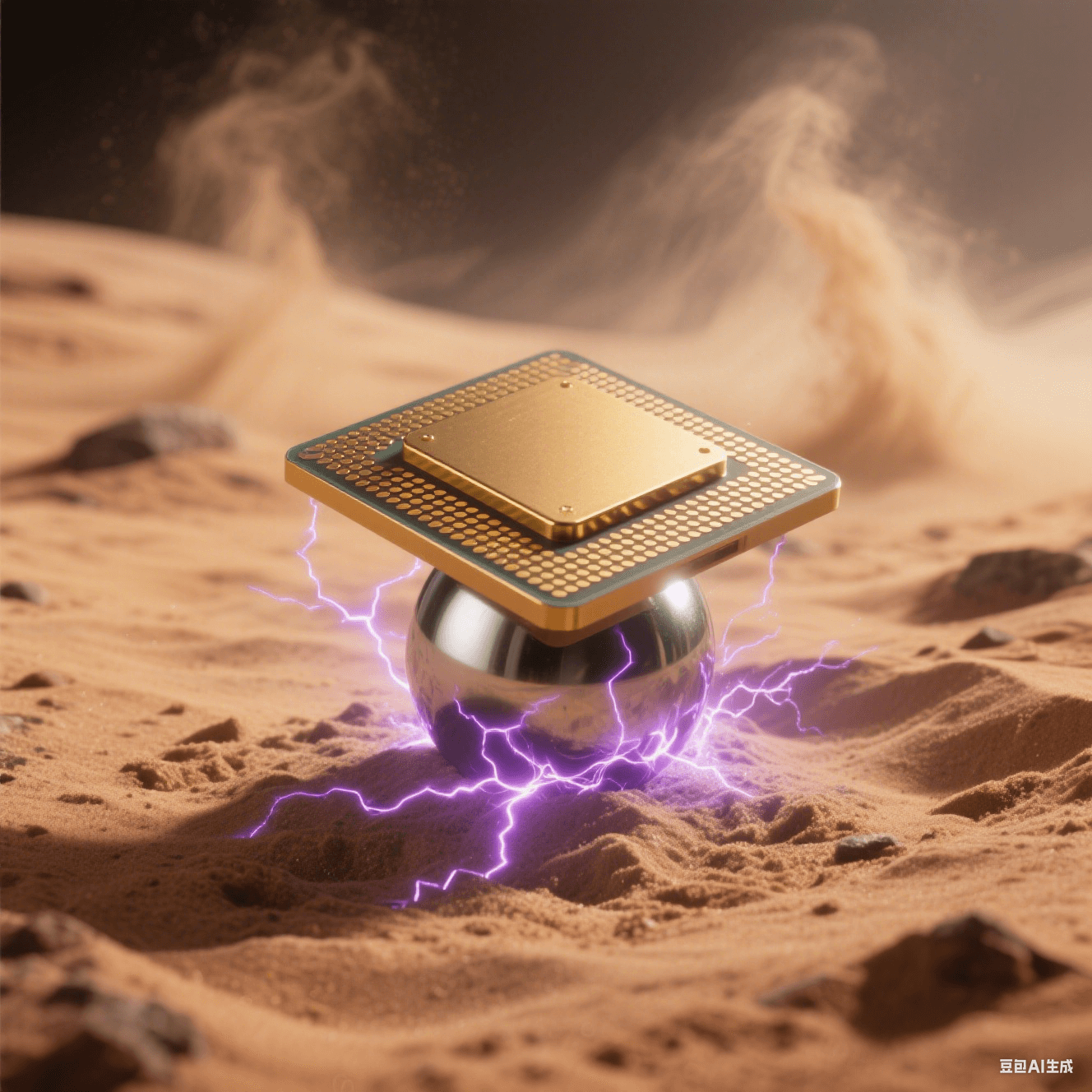 極端環境應用：金色陶瓷封裝芯片置于火星沙地，底部焊球外露，紫色電弧模擬抗輻射性能，沙塵暴背景凸顯可靠性