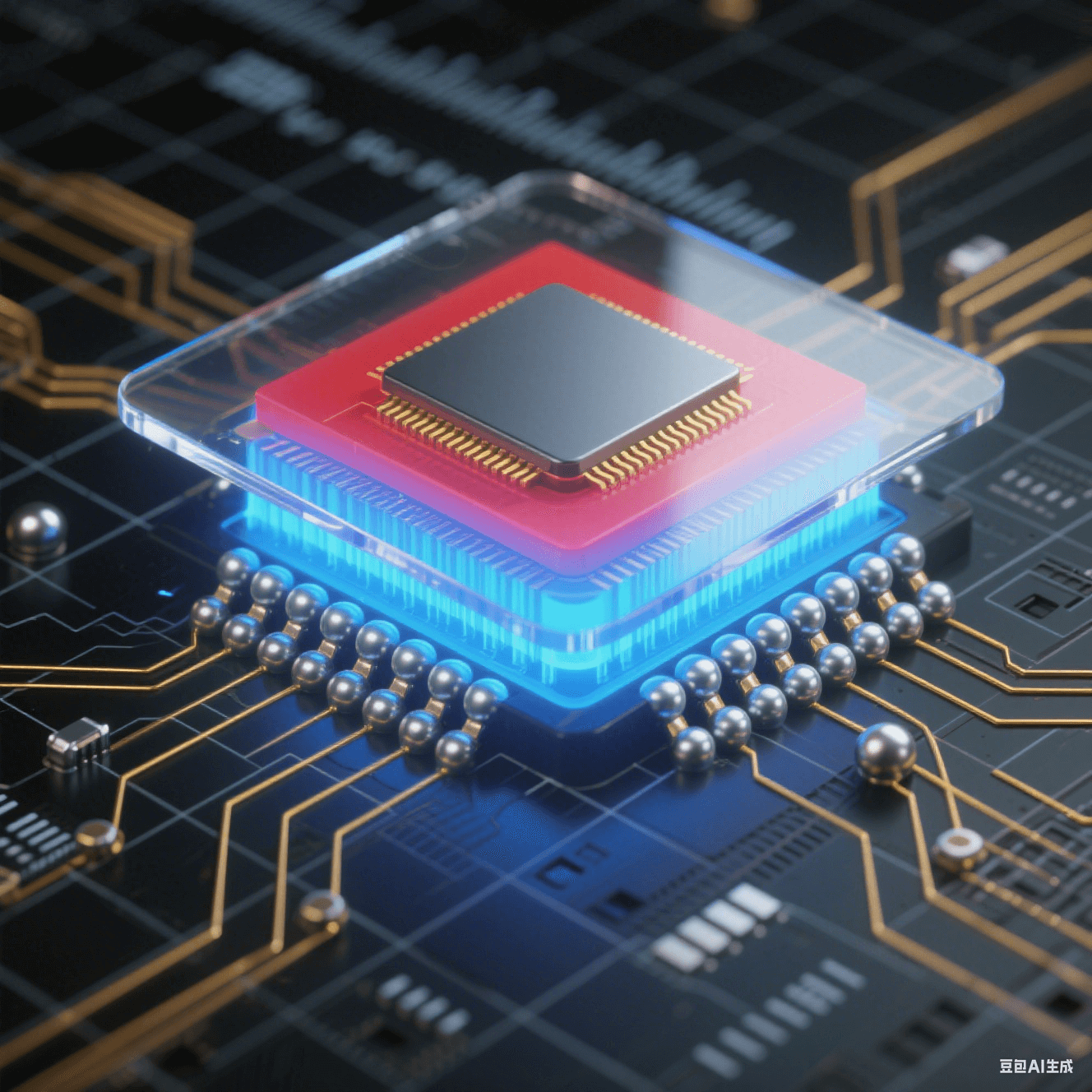 球柵陣列封裝剖面圖：展示電路板基座上芯片的底部銀色焊球陣列，金色導線連接中央硅晶片，內部藍色信號路徑與紅藍漸變的散熱流向，背景帶微米級刻度尺
