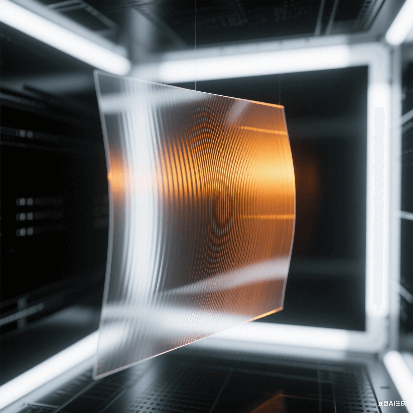 透明PI膜懸浮于冷白光真空腔，150℃/250℃溫階折射出橙/金雙色干涉條紋，殘余應力消散軌跡具象化為偏振光柵變形