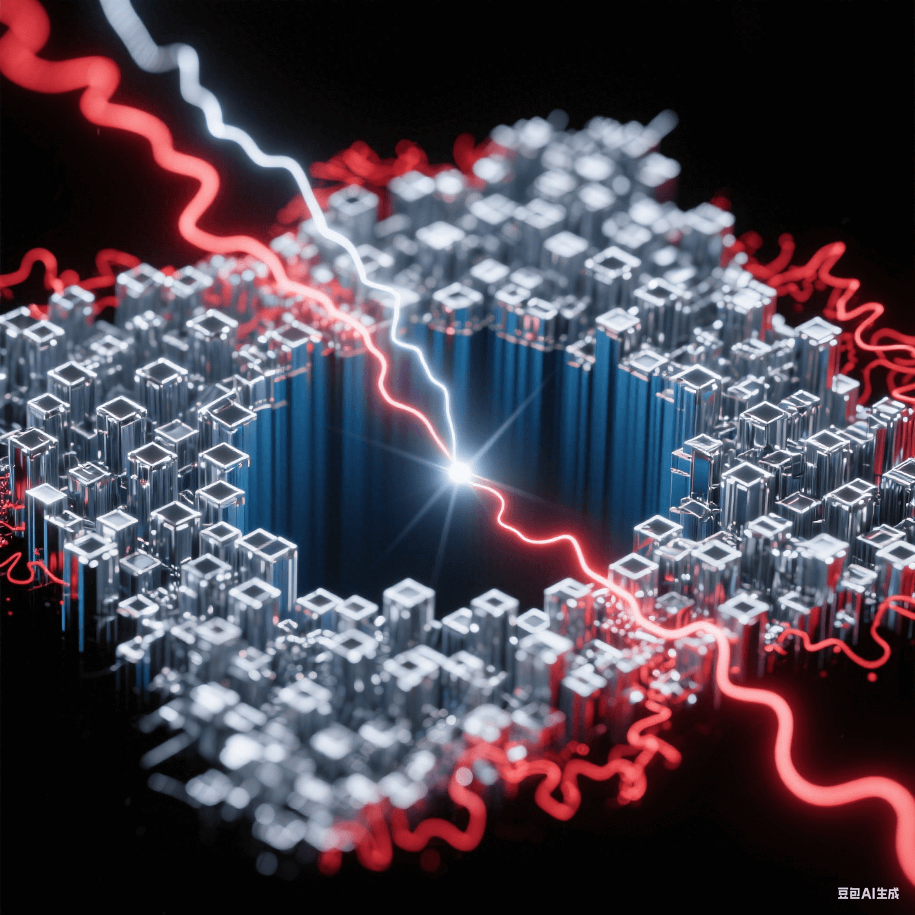 銀色正向電流束在深藍孔底構建致密晶體矩陣，紅色反向電流波紋溶解邊緣毛刺，金屬離子流呈現粒子軌跡追蹤特效