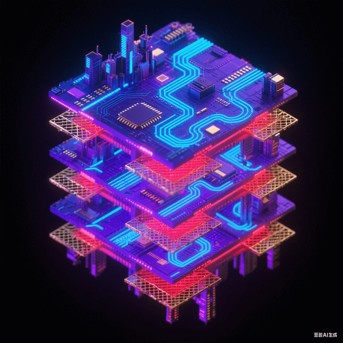 霓虹藍紫光效的8層電路板爆炸視圖：信號層蛇形走線發藍光，電源層泛紅光，接地層呈金網，各層懸浮排列如未來城市