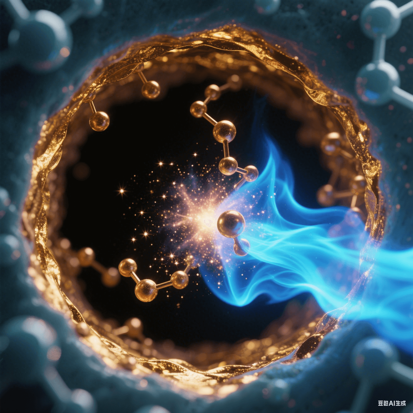 氧等離子體流如藍色火焰掃過微孔，孔壁表面能提升形成金色親水膜，化學沉銅離子如星云向孔內聚集 