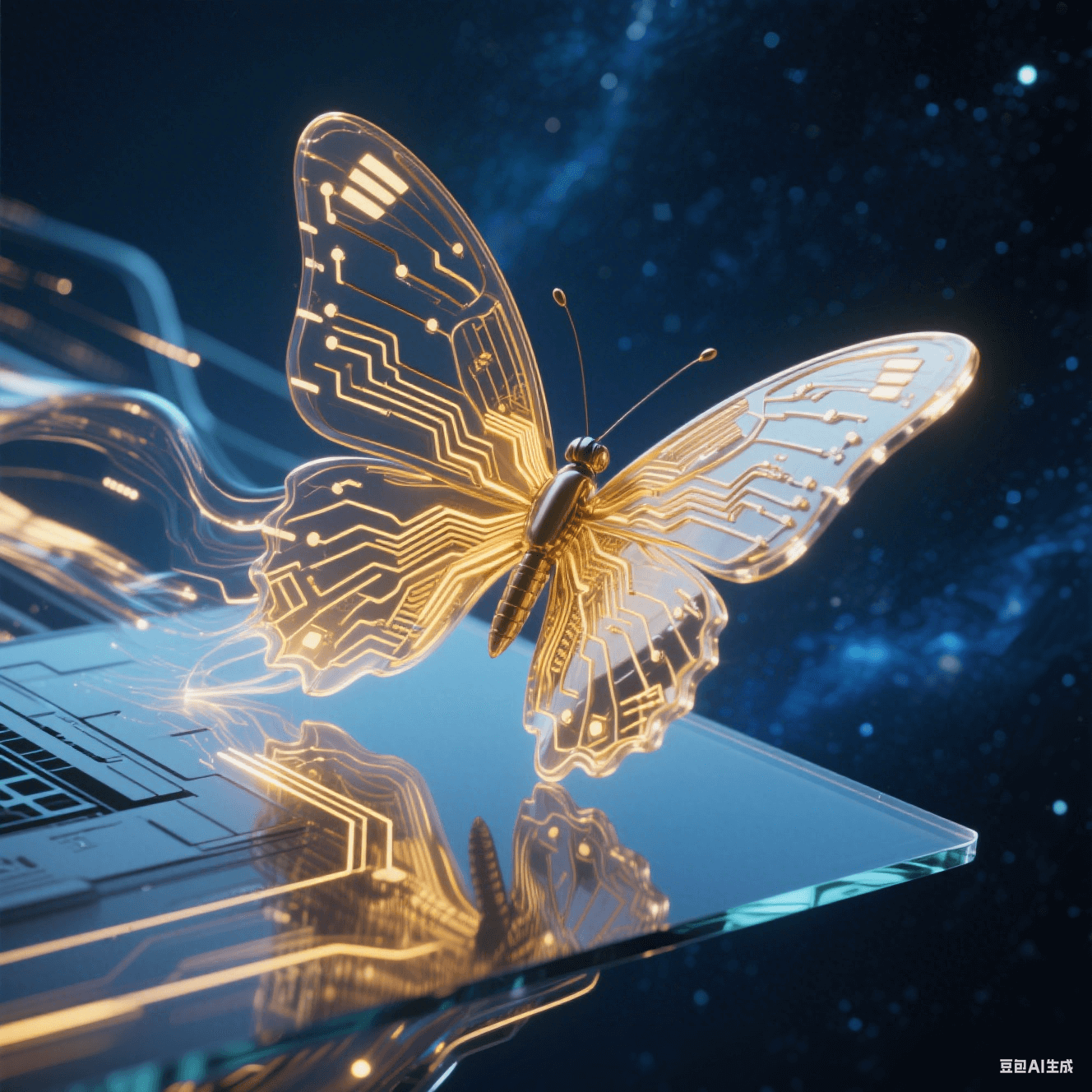 未來主義電子蝴蝶：半透明金色多層電路板如蝶翼般從玻璃基板破繭而出，流光粒子在柔性折疊處流動，背景深藍宇宙星塵