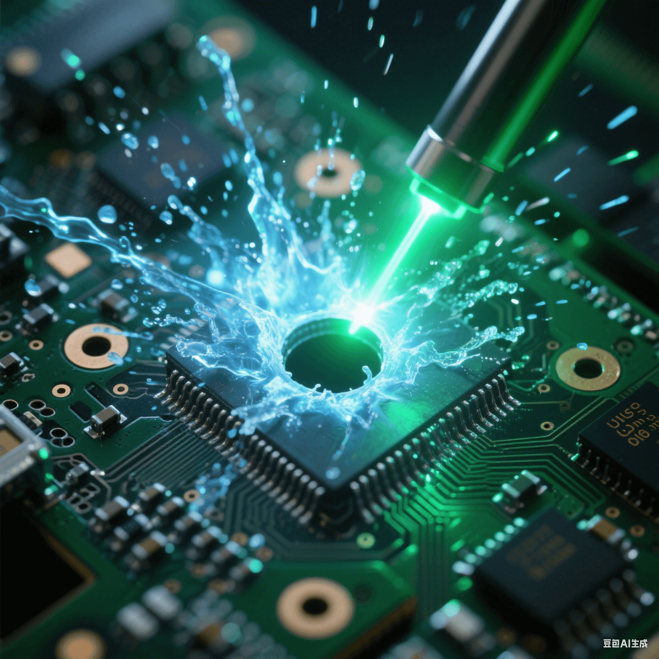 532nm綠激光脈沖穿透電路板瞬間，等離子體藍光從0.1mm孔內爆發，熱影響區控制在3μm內的冰凍特效