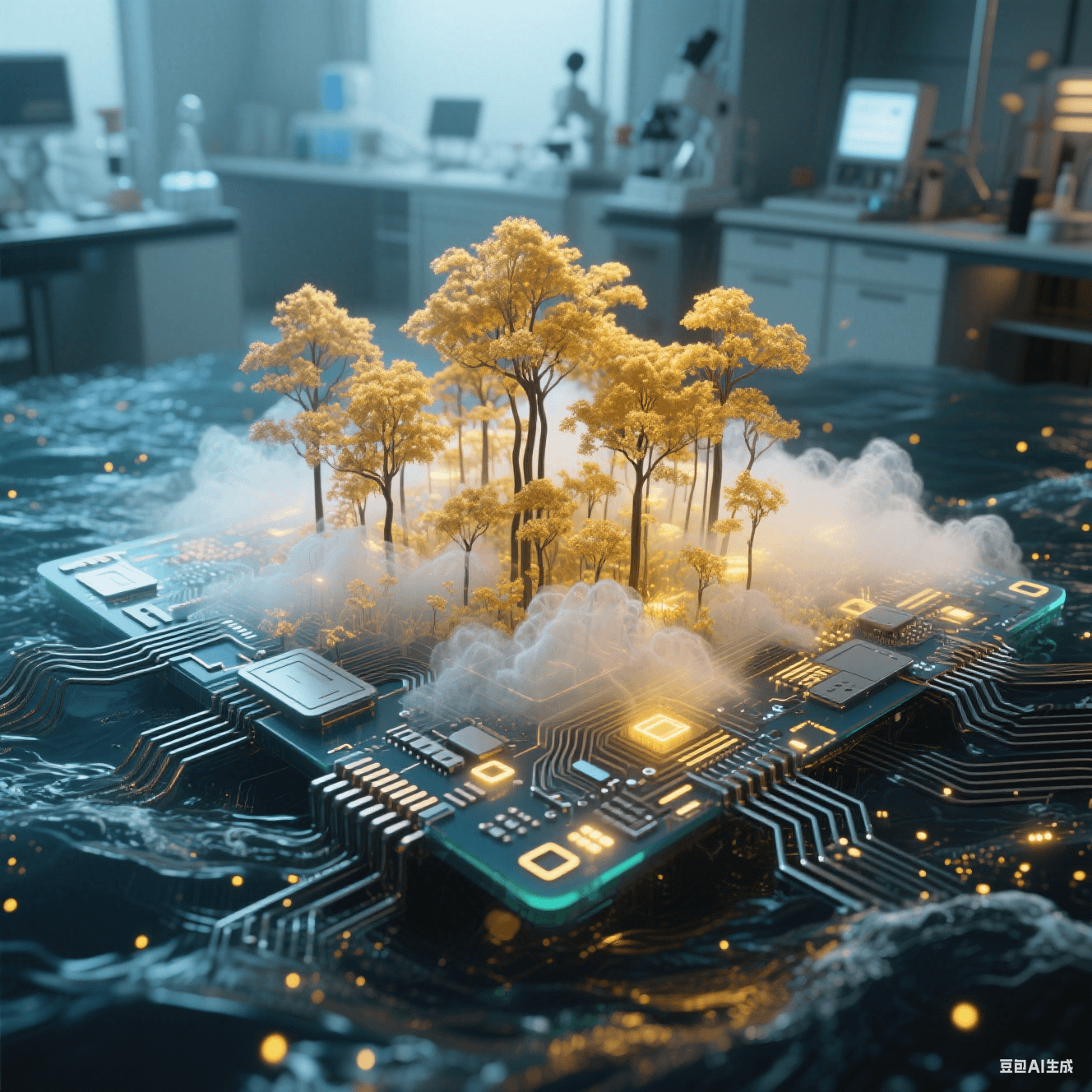 碳納米管在電路表面生長成金色森林，氣凝膠絕緣層如透明云霧籠罩，降解基板在海水中化為發光粒子