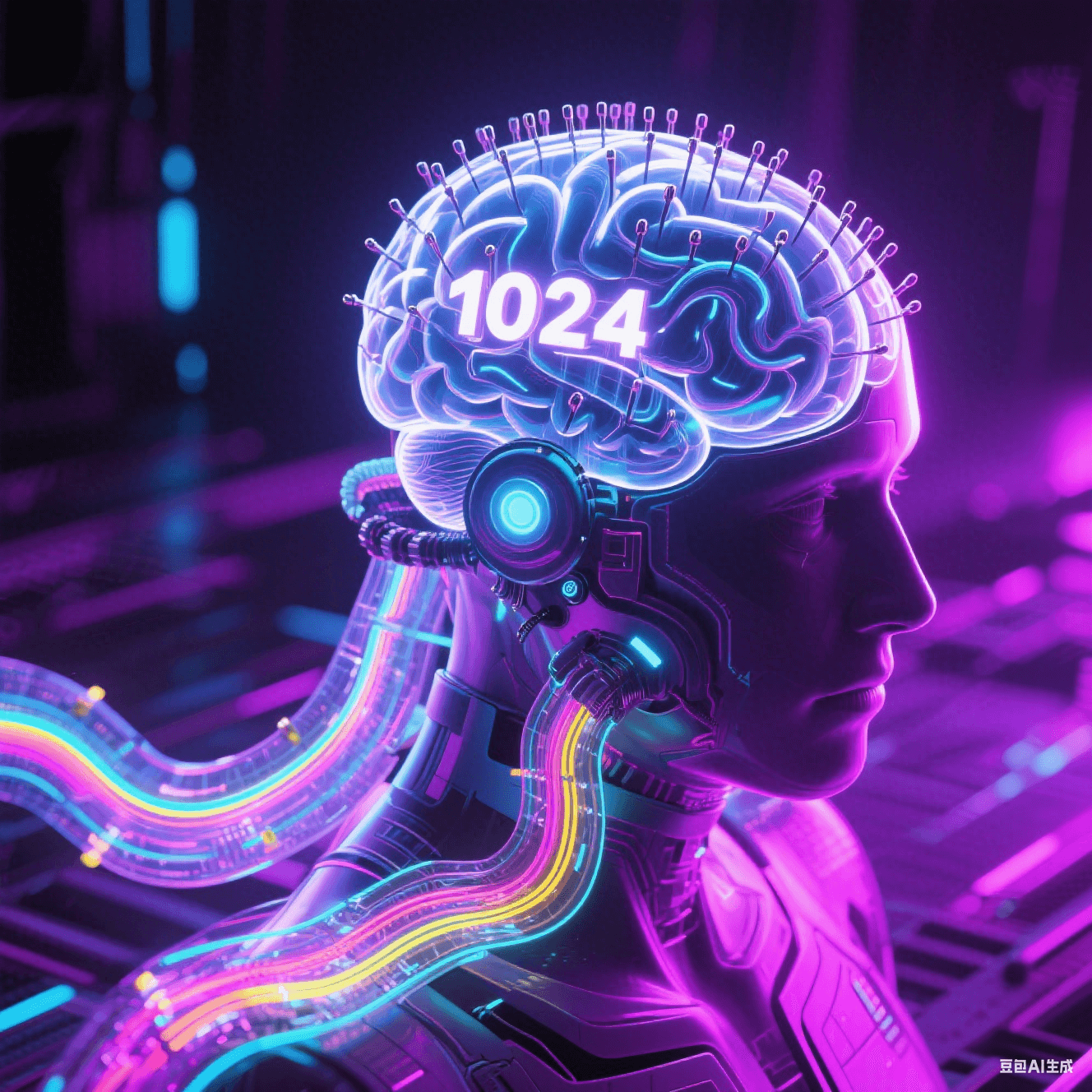 1024通道柔性電極陣列植入透明腦模型，思維脈沖化作彩色光波沿透明電路傳遞，賽博朋克紫調光影