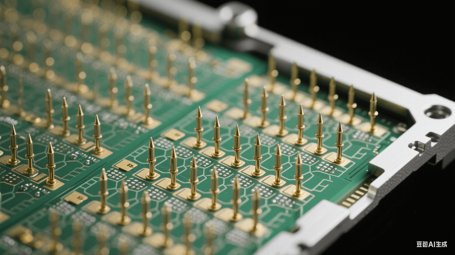 晶圓探針卡顯微結構：殷鋼框架蜂窩陣列探針，3μm鍍金針尖以8-12gf接觸力壓接30μm焊盤，聚酰亞胺應力緩沖層釋放機械應力，翠綠色EMI屏蔽網(wǎng)隔離信號通道