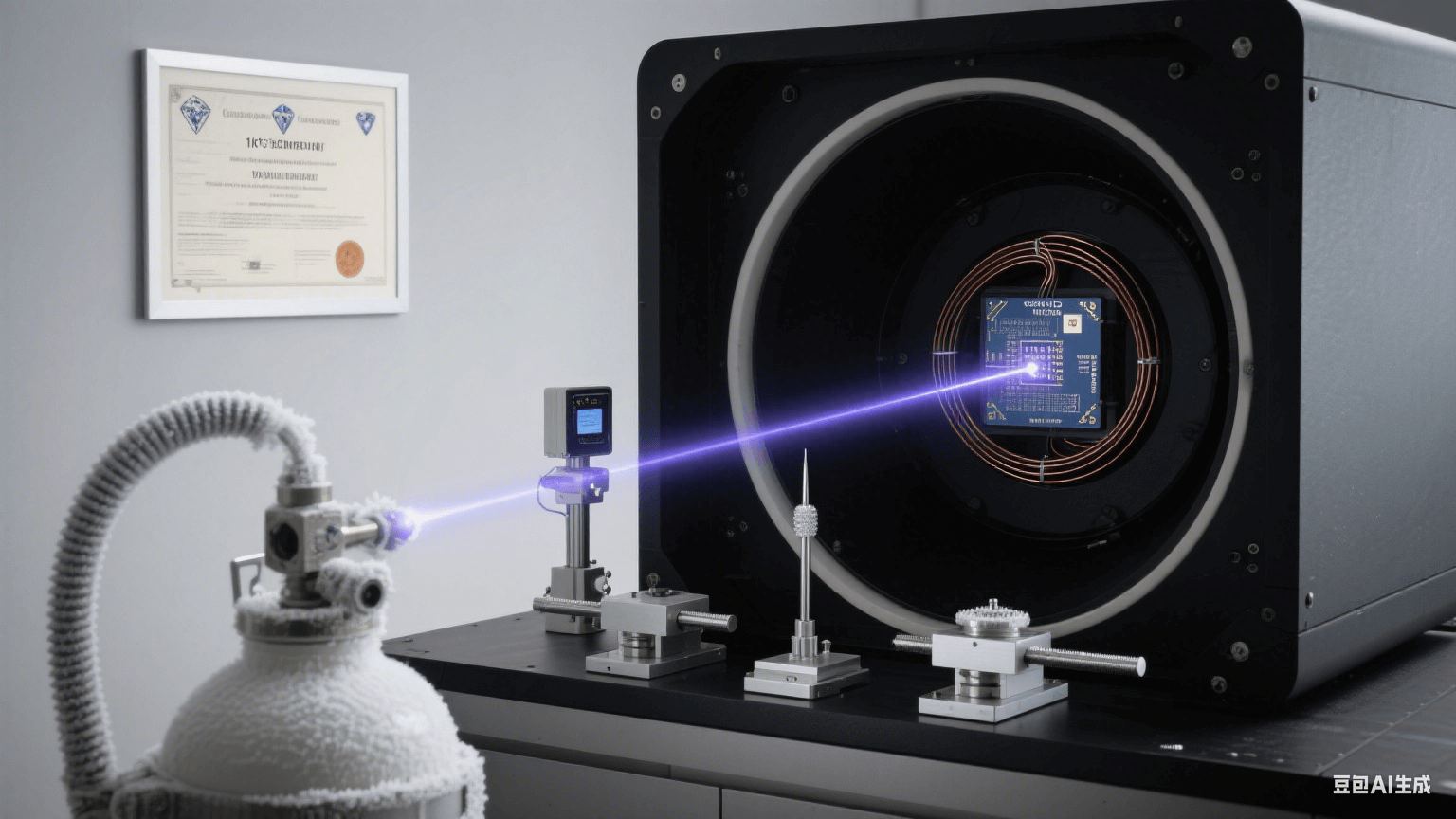 超導量子測試系統(tǒng)：液氦杜瓦瓶連接真空腔，超導線圈激發(fā)量子比特糾纏光軌，納米位移臺探針掃描芯片信號