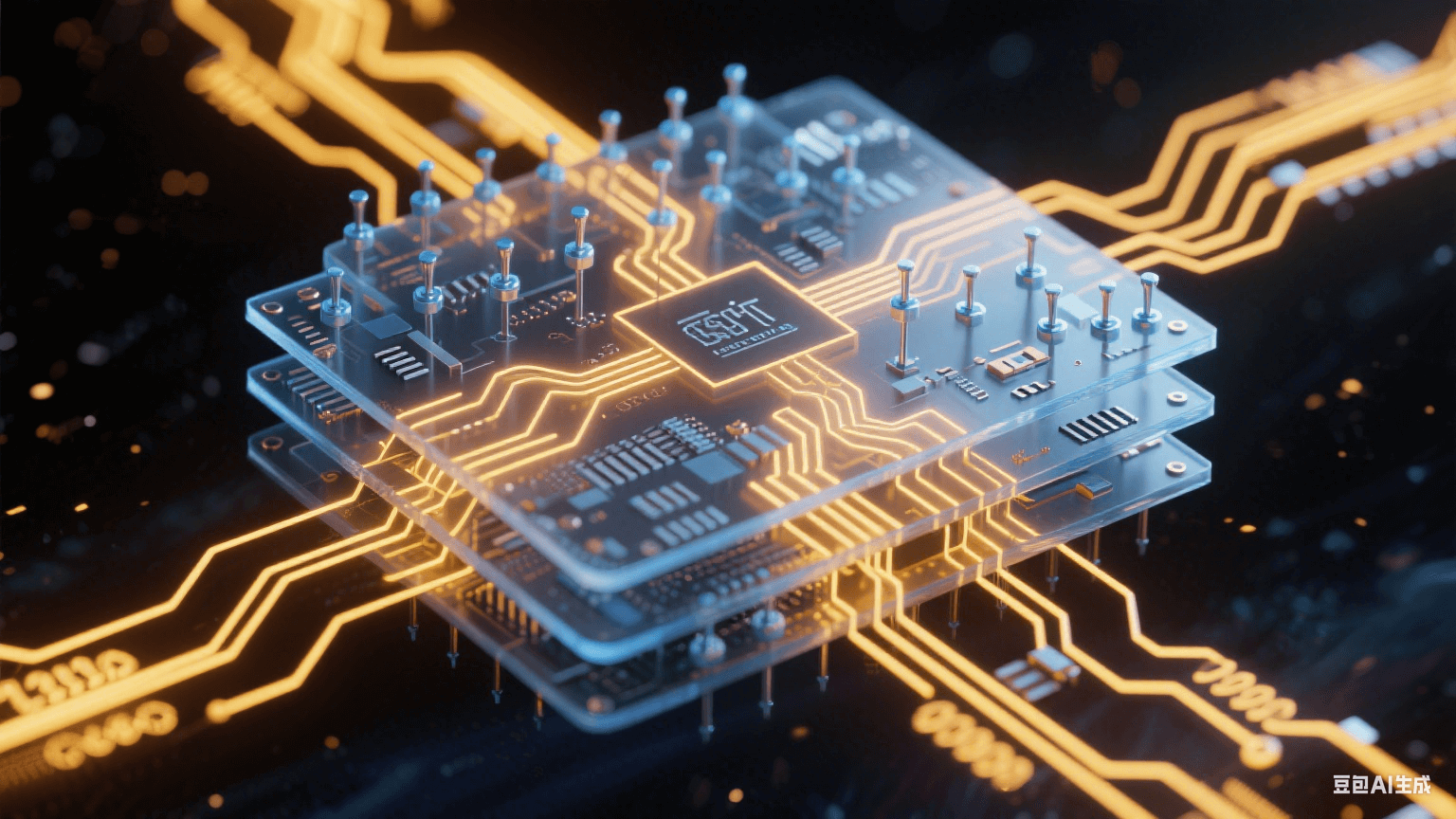 多層電路板信號傳輸系統(tǒng)：0.05mm線寬金色電路通道中脈沖電流流動，冰藍色探針陣列精準接觸納米焊盤，-40℃至125℃溫標環(huán)包裹的極端環(huán)境測試場景