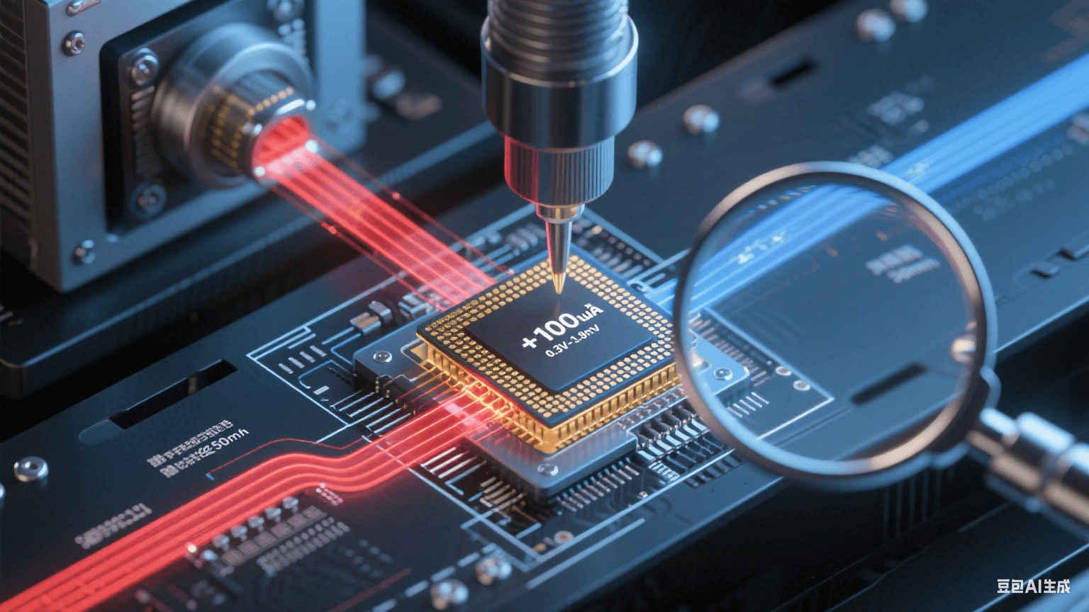 ATE測試信號閉環(huán)流程圖：紅色激勵信號經(jīng)50Ω微帶線輸入BGA芯片，金色響應信號返回ATE機臺，顯微特寫顯示±100μA電流在0.3V-0.8V保護二極管測試區(qū)間