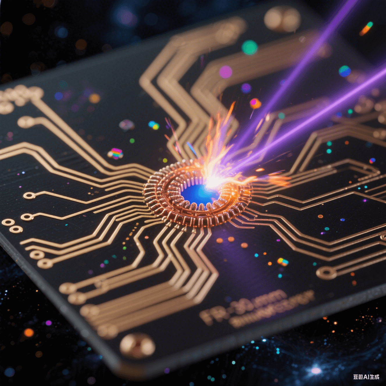 納米級電路激光雕刻：微觀視角下紫色光束在黑色基板上生成金色蛛網線路