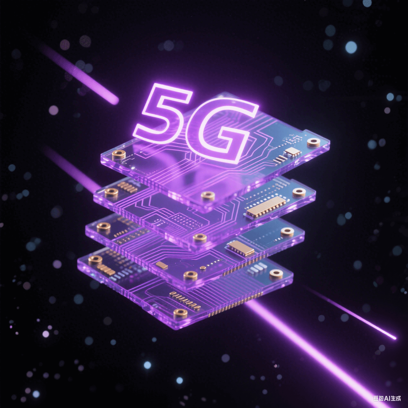 抽象多層電路板懸浮于深空背景，紫色發光線路與金色過孔構成脈沖光網，水晶質感介電材料呈現5G信號傳輸概念