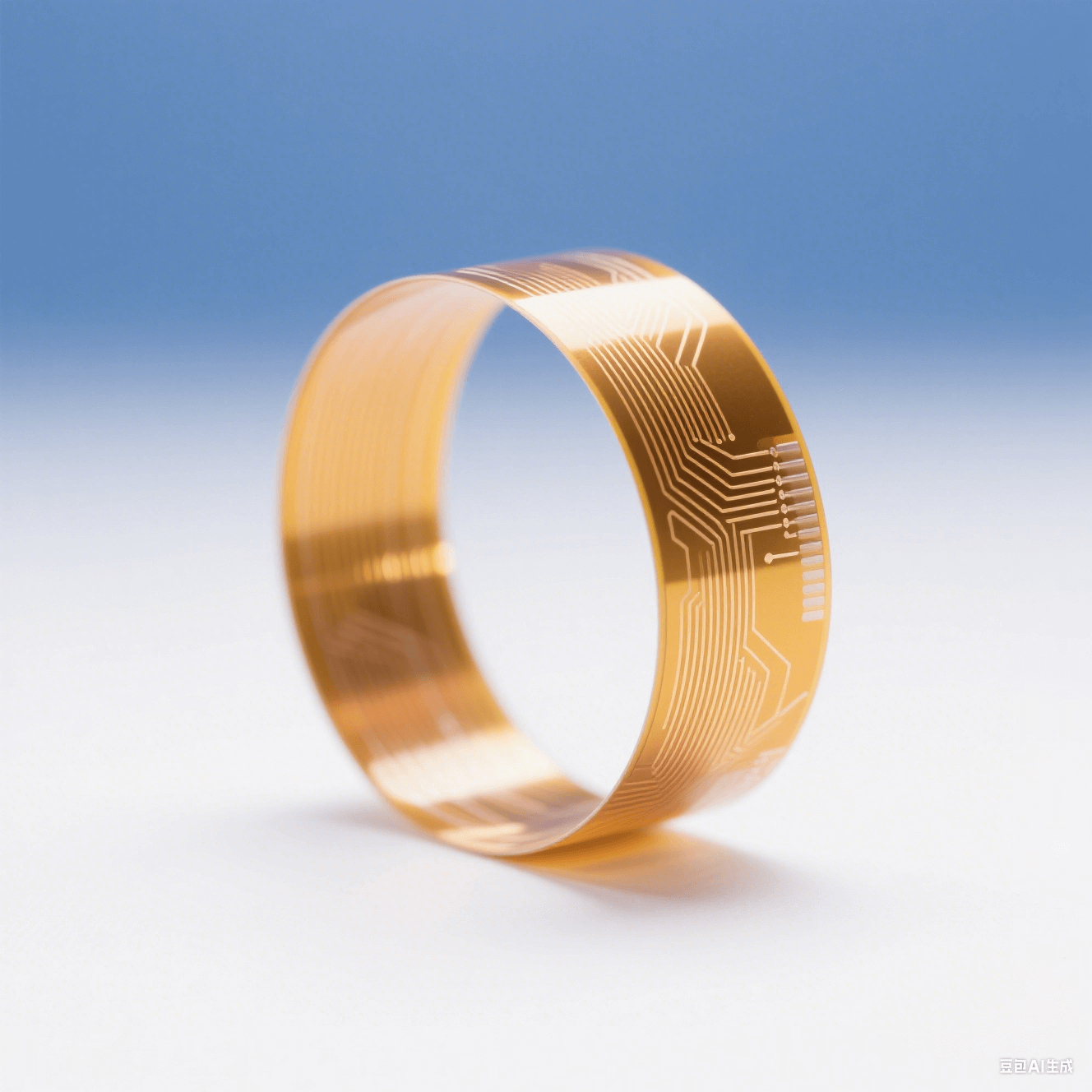 聚酰亞胺柔性電路板在白色背景中以5mm半徑彎曲，金色銅箔線路折射暖光，冷調環境光突顯材料柔韌性與科技感
