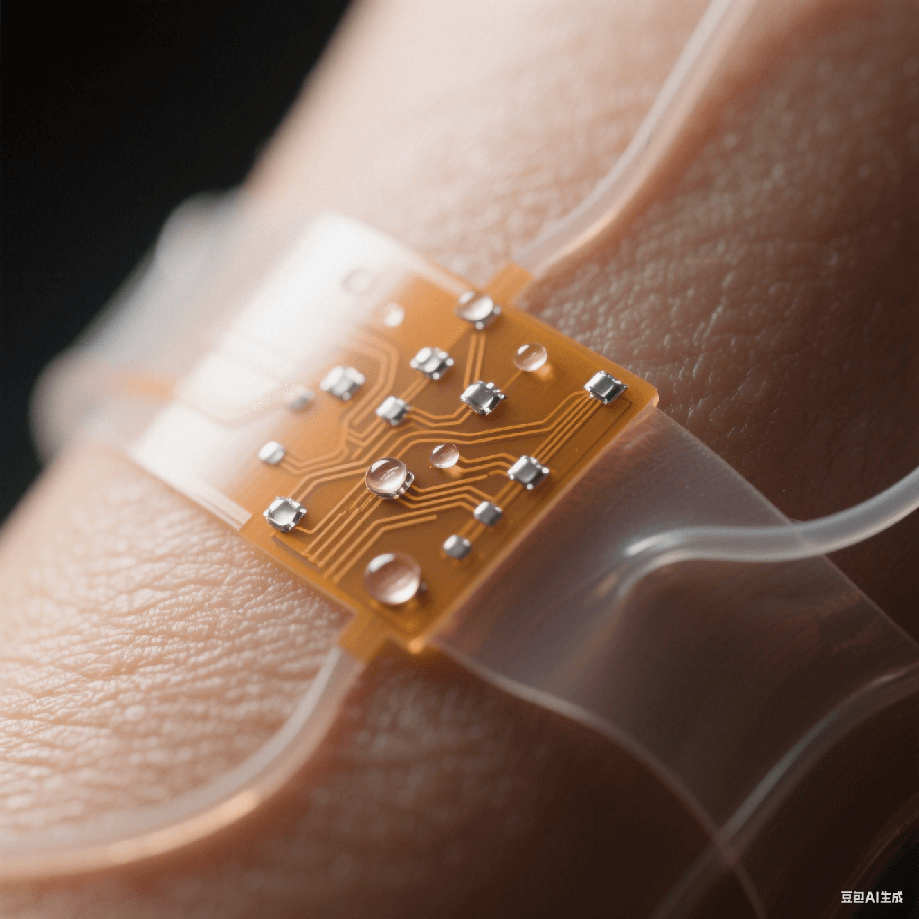 半透明琥珀色柔性電路板微距貼合人類皮膚，銀色焊點如露珠嵌于生物相容涂層表面，邊緣自然卷曲呈現醫療電子融合